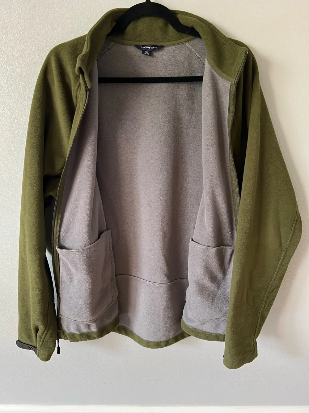 Lands' End Men's Olive Full-Zip Fleece Jacket XL 46/48 Adjustable Wrists